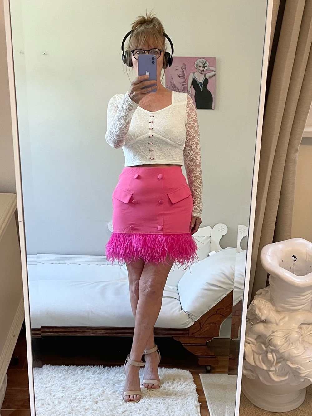 ALL THINGS CHERISH HOT PINK FEATHER HEM PENCIL SKIRT FAUX POCKETS ZIPPER BUTTONS